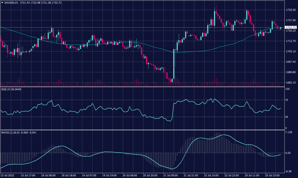 FOMC Meeting showing spot gold chart  a tendency for a decline, but it also shows support above $1,715.